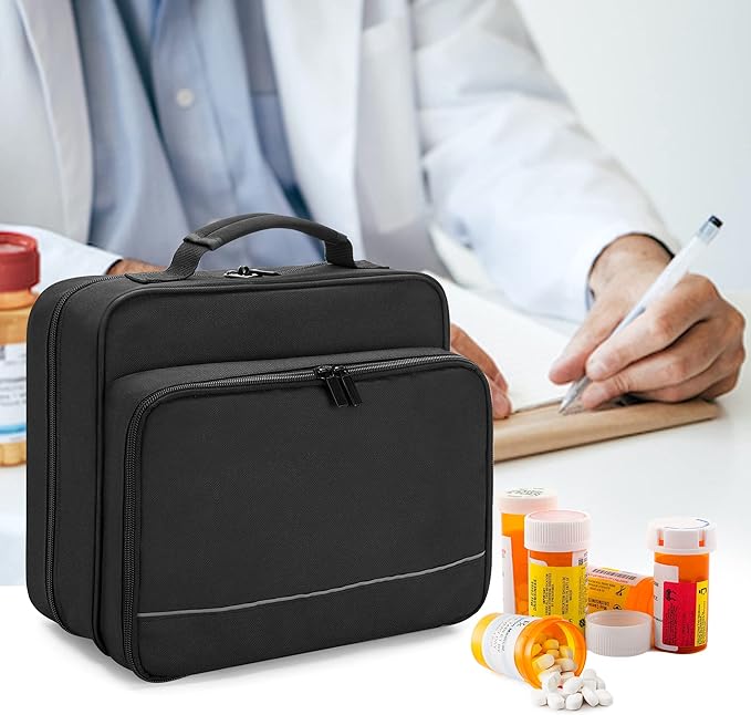 Damero Pill Bottle Organizer, Medicine Bottles Storage Bag Medication Travel Carrying Case for Pill Organizer, Vitamins, Medical Supplements, Black, Patent Design