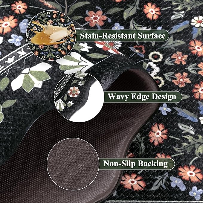 Yamaziot Anti Fatigue Kitchen Rugs Set of 3 - Boho Non Slip Waterproof Kitchen Mats for Floor, Boho Runner Rug for Kitchen Floor, Laundry, Desk, Bar, Office, 17.3"x29"+17.3"x35"+17.3"x47", Black