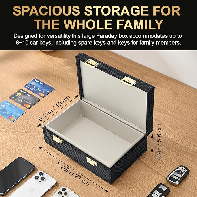 Faraday Box for Car Keys & 2 Faraday Bags, Key Fob Signal Blocker Box, Premium Rfid Blocking Box & Rfid Pouch, Keyless Entry Car Key Fob Protector Shielding Cage Black - 8.38" x5.15" x 2.76"