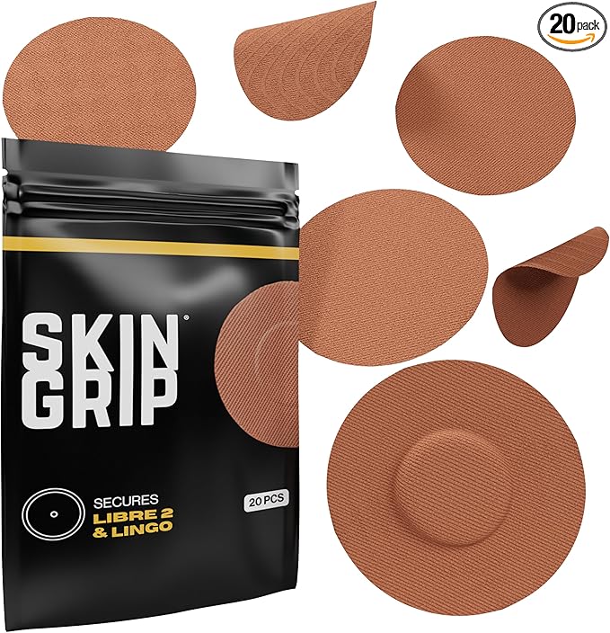 Skin Grip Freestyle Libre 2 Sensor Covers & Lingo CGM – Waterproof and Sweatproof Adhesive for 10-15 Days, Pre-Cut Medical Tape, Continuous Glucose Monitor Patch – 20 Pack, Chocolate