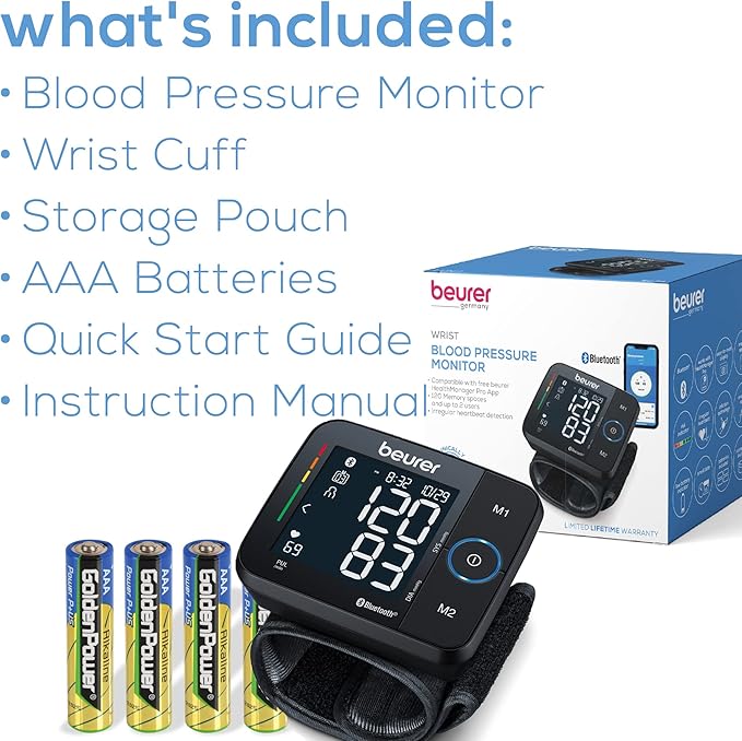 Beurer BC54 Wrist Blood Pressure Monitor with Bluetooth, Irregular Heartbeat Detector, Risk Indicator, Accurate Large Display, and Travel Case, Wrist Cuff up to 120 Memory Sets