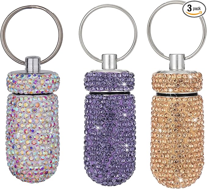 3PCS Bling Crystal Rhinestone Portable Pill Case Pill Container Waterproof Pill Holder with Keychain Glitter Travel Pill Box Small Medicine Dispenser Bottle Storage for Outdoor Camping Travel,21
