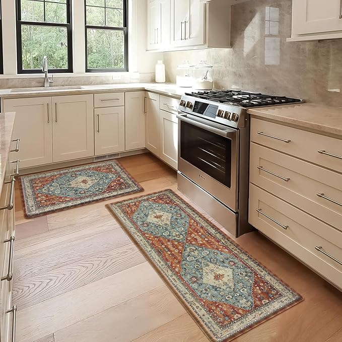 Collive Boho Kitchen Mat 2PCS, Cushioned Anti Fatigue Kitchen Mats for Floor Waterproof Kitchens Rugs Set of 2, Non Slip Comfort Standing Mat for Office, Sink, Laundry, 17.3"x29"+17.3"x59"