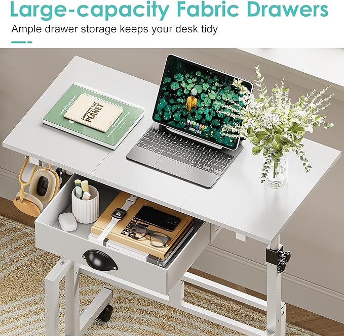 Small White Standing Computer Desk with Drawers,Height Adjustable Home Office Sit Stand Up Desk with 4 Wheels & 2 Hooks,Portable Rolling Work Study Gaming Table for Laptop Tablet Walking Pad Treadmill
