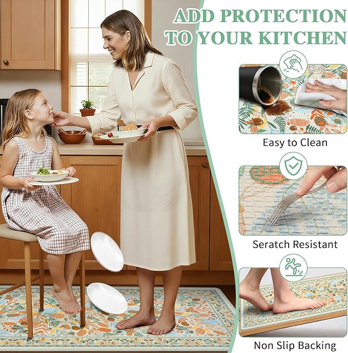 Kitchen Rugs Sets of 3 Cushioned Anti Fatigue Kitchen Mats for Floor, Non Slip Waterproof Vintage Botanical Floral Runner Rug, Comfort Standing Mat for Laundry, Sink, Office Beige
