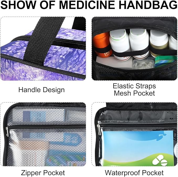 Fustylead Enchanted Forest Purple Flowers Landscape Travel Medicine Organizer Bag Home Storage First Aid Kit Large Pill Case with Zipper for Pill Bottle, Vitamins, and Medical Supplies