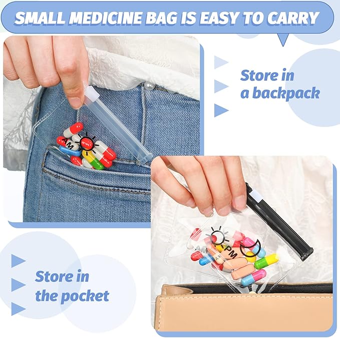 Colarr 14 Pcs AM PM Pill Pouches Bags Reusable Zippered Day and Night Pill Organizer with Slide Lock for Travel Medicine Case, 1 Large 14 Small(Clear, Black)