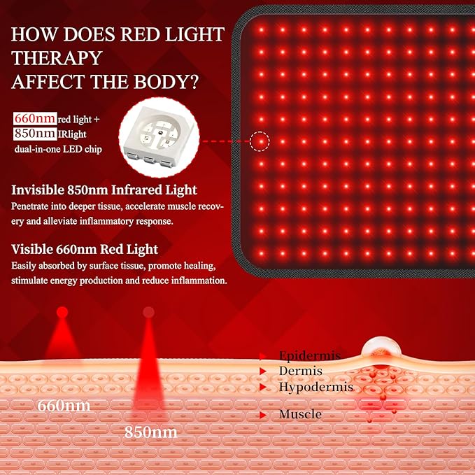 Large Red Light Pad for Body, 24" × 12" 242pcs LEDs 3 in 1 Chip 660nm and 850nm Red & Near Infrared Light Wrap Belt with 5 Brightness and 9 Time Settings for Legs, Back, Waist, Shoulders