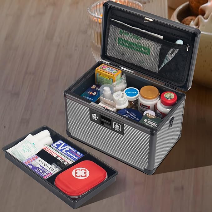 Medicine Lock Box with Key, Alluminum Alloy Box for Medication,First Aid Box with a Removeable Tray to Store Medicines & Pills for Home, Black,16 * 9.25 * 7.48 Inch