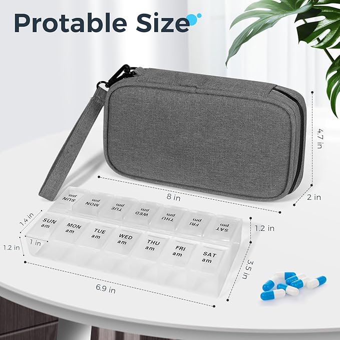 Weekly Pill Organizer 2 Times a Day, Travel Pill Box 7 Day with Large Opening, Pill Case with Handle, Pill Dispenser Medicine Organizer for Vitamins, Fish Oils, Medications, Supplements (Grey, Large)