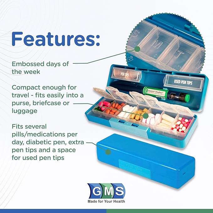 Diabetic Pen Case & 7 Day Medicine Organizer - Travel Kit for Diabetic Supplies - at a Glance Medicine Reminder - Holds New & Used Needles Safely - Small & Discreet