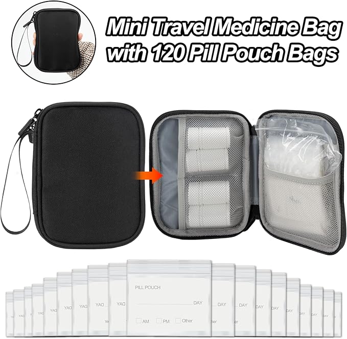 Medicine Organizer Bag, Dual Layers Pill Bottle Organizer Storage Bag with Adjustable Divide, Medication Travel Bag for Pills, Vitamins, Medical Supplies for Home with Pill Carrying Bag&Pill Pouch Bag