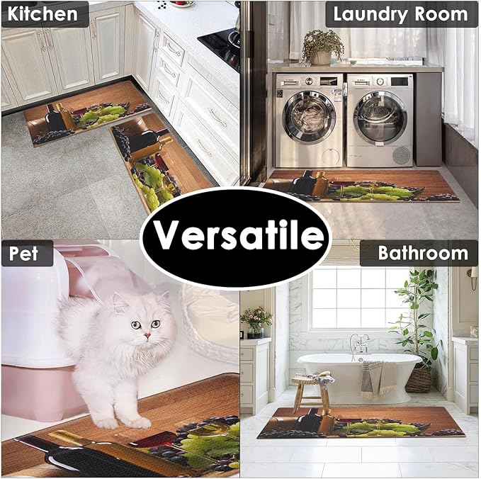 Anti-Fatigue Wine Kitchen Rug Set of 2 Cushioned Grape Mat for Floor, Vintage Standing Waterproof Non-Slip Rug PVC Ergonomic Comfort Foam Decor for Kitchen