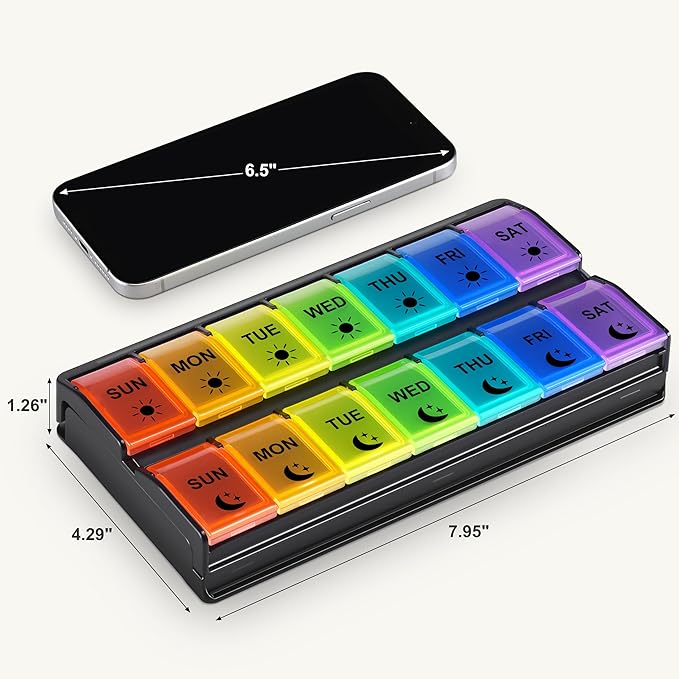 Fullicon Large-Capacity Pill Organizer 2 Times a Day, Fast-Refill Medicine Pill Organizer, Pill Box, Travel Pill Box, Medicine Organizer, AM PM Weekly Pill Case (Black Rainbow) Patent Pending