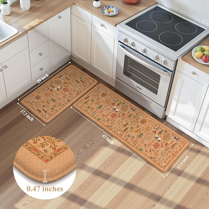 KIMODE Kitchen Floor Mats for Floor Cushioned Anti Fatigue Animal Forest Kitchen Rugs Sets of 2,Padded Memory Foam Under Kitchen Sink Mat for Laundry Decor,Orange Light Brown