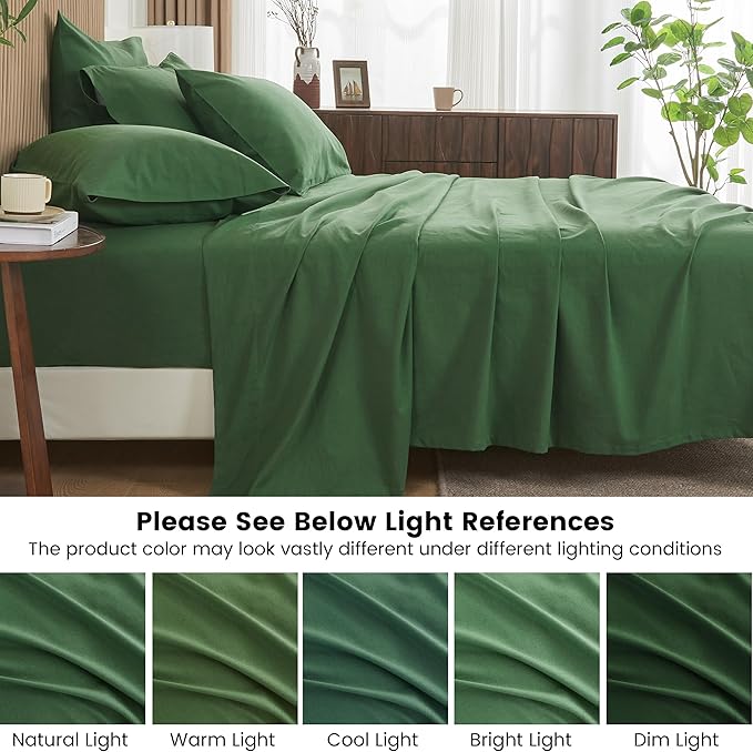 Simple&Opulence Belgian Linen Sheet Set Solid Color - 6 Pieces (1 Flat Sheet & 1 Fitted Sheet & 4 Pillowcases) 16" Deep Pocket Natural Flax Cotton Blended Soft Bedding - Forest Green, King Size