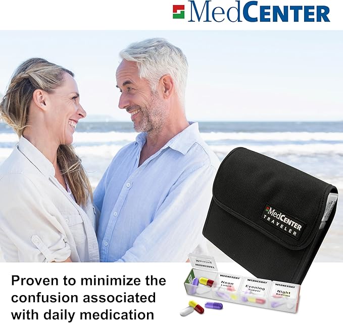 MEDCENTER Traveler 7 Day Pill Organizer HSA/FSA, Portable Pill Case, Large Capacity Medication Organizer for Traveling with 4 Daily Compartments, Nylon Pill Container for Travel, Large Size