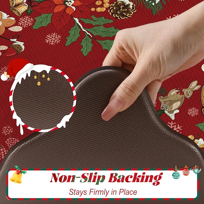 Collive Christmas Anti Fatigue Mats for Kitchen Floor, Xmas Tree Scalloped Kitchen Rugs Sets of 2 Waterproof Padded Floral Rug, Memory Foam Comfort Standing Mat Non Slip for Office, Sink, Laundry, Red