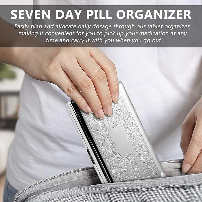 Pill Organizer 7 Days 8 Compartments, Travel Metal Pill Box, BPA-Free Portable Pill Box (Pattern Silver, Large)