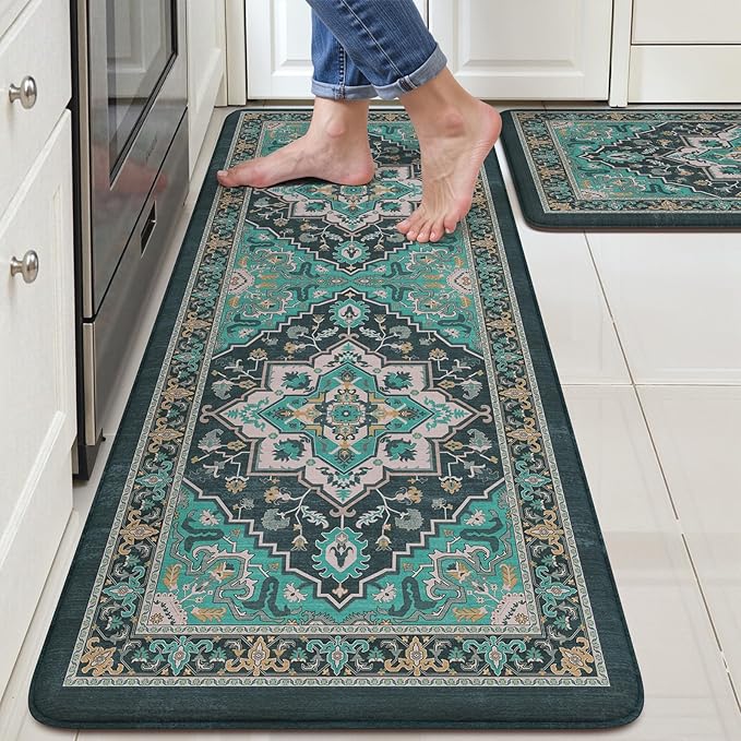 Kitchen Mats 2PCS,Cushioned Anti Fatigue Kitchen Mats for Floor,Farmhouse Green Kitchen Rugs Non Slip,Memory Foam Comfort Standing Mat Carpet for Sink Laundry Office