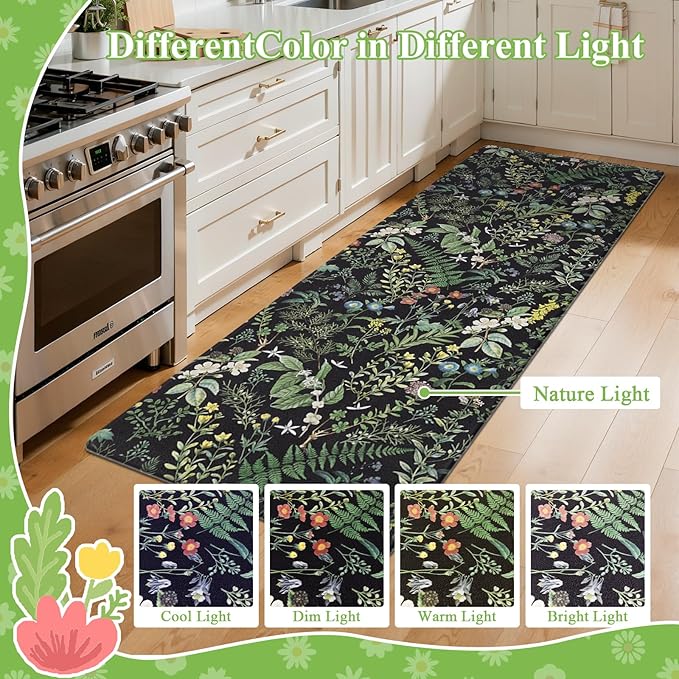 SHACOS Botanical Kitchen Rugs Set of 2 Spring Anti-Fatigue Kitchen Mats Black Green Leaf Cushioned Mats with Leaves Herb Greenery Farmhouse 17x27.5+17x47, Vintage Plants