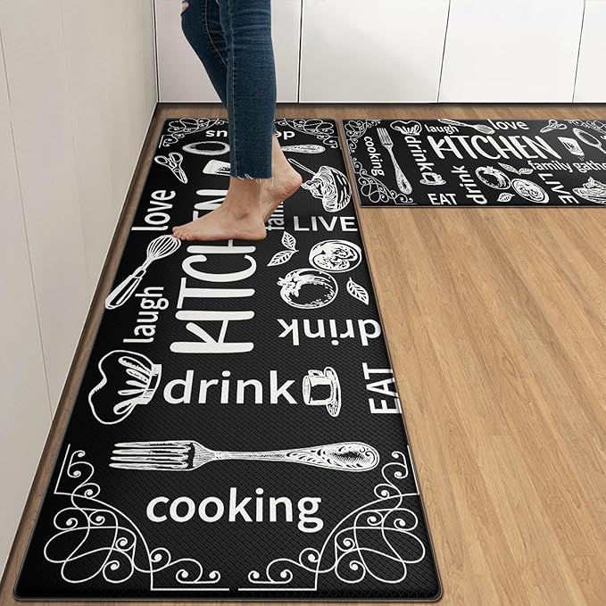 Arttown Black Anti-Fatigue Kitchen Rug Set of 2 Cooking Knife and Fork Cushioned Floor Standing Mat Waterproof Non-Slip Mat and PVC Ergonomic Comfort Foam Rug
