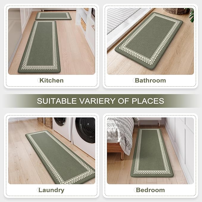 Kitchen Floor Mats Cushioned Anti Fatigue,Waterproof Kitchen Mats for Floor 2 Piece,Memory Foam Kitchen Mat,Comfort Kitchen Sink Rug for Bathroom Laundry Office,Green