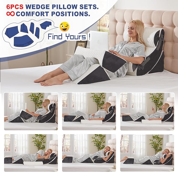 6PCS Multi-Functional Bed Wedge Pillow Kit - 7-in-1 Orthopedic Support for Back/Neck/Legs, Post Surgery Recovery & Sitting Up in Bed, Post Surgery Foam for Body, White Grey