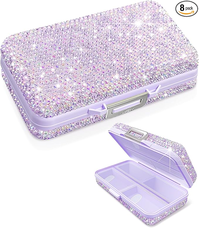 Yivaiks Bling Travel Pill Organizer Crystal Rhinestone 8 Compartments Portable Pill Case Daily Pill Box to Hold Vitamins Small Pill Container for Pocket Purse Medicine Organizer(Purple)