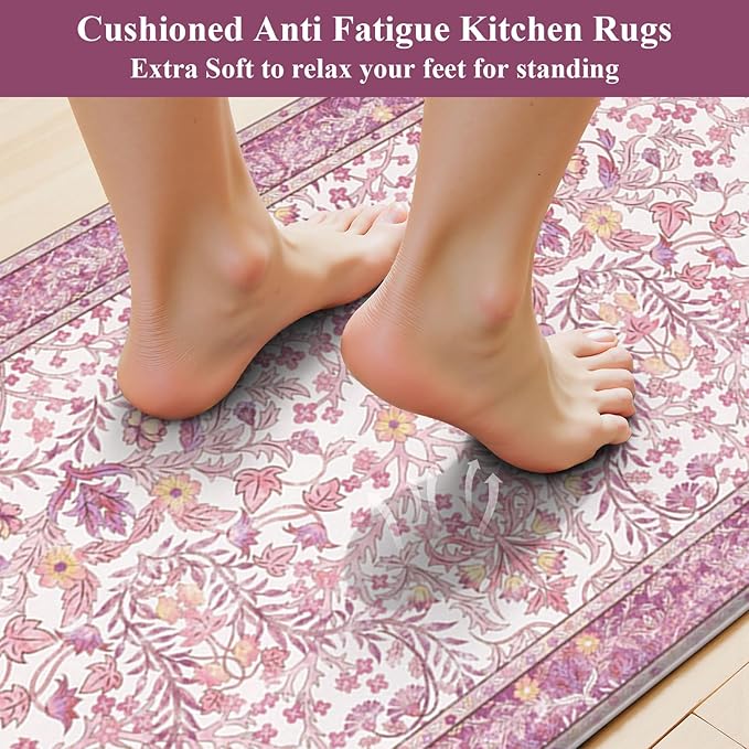 U'Artlines Kitchen Anti Fatigue Mats Sets of 2,Double-Sided Print Kitchen Mat Cushioned Comfort Standing Waterproof PVC Rugs,Pink Floral Rugs for Laundry Office Desk Sink(17"x28"+17"x47")