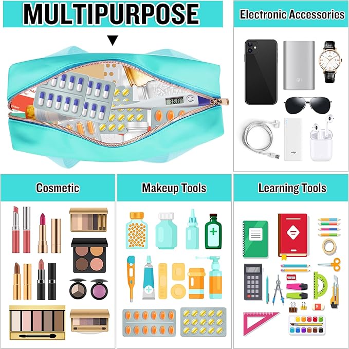 Chenille Letter Clear Makeup Bag MEDS Tote, Large Preppy Medicine Bag Travel Drugs Pills Bag Zipper Pouch with Handle,Waterproof Nylon Portable Cute Cosmetic Toiletry Storage Bag for Women(MEDS-Green)