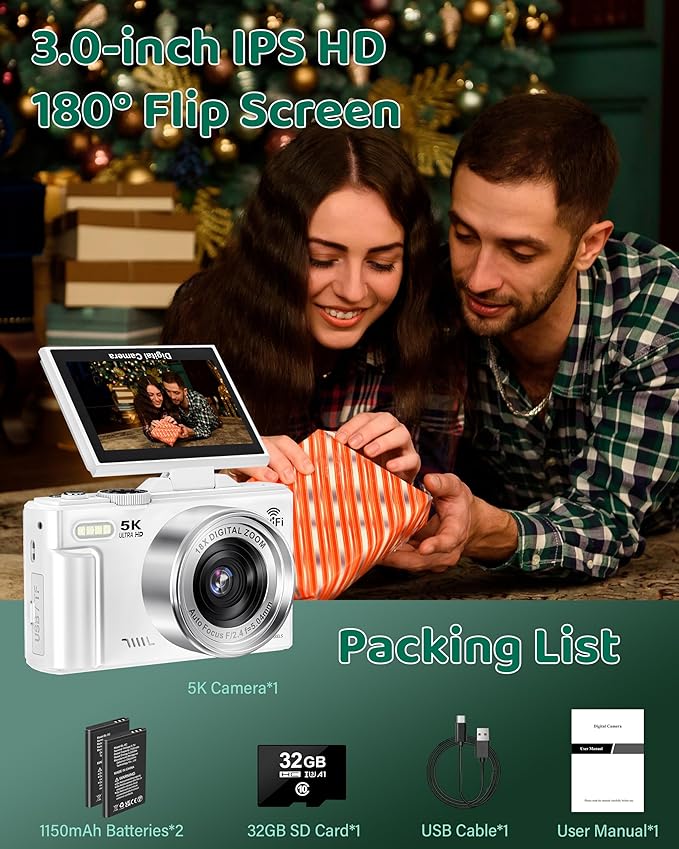 5K Digital Camera - WiFi 75MP Cameras for Photography - UHD Vlogging Camera for YouTube with 3" 180° Flip Screen - Autofocus Compact Video Travel Camara with 18X Zoom, 32GB SD Card, 2 Batteries