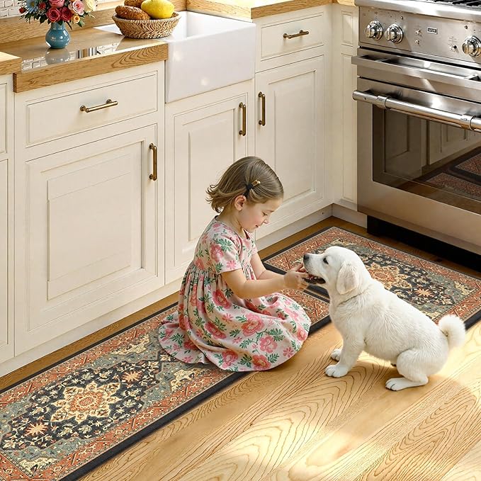Kitchen Mats for Floor 2PCS Cushioned Anti Fatigue,Farmhouse Vintage Comfort Standing Kitchen Rugs Non Slip,Memory Foam Carpet for Laundry Office Bathroom,Blue