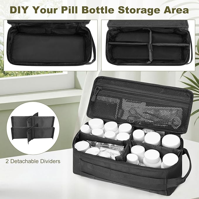 First Aid Bag Empty Pill Box Organizer,Tactical Medical Bag Case,Portable EDC Travel Medicine Pill Bottle Organizer (Black)