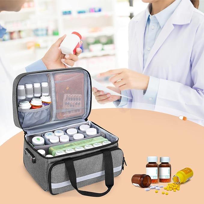 CURMIO Pill Bottle Organizer Storage, Medication Lock Box for Pill Organizer and Medical Supplies, Gray (Patented Design)