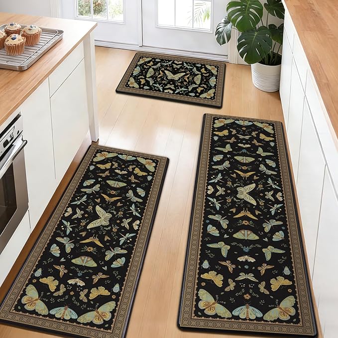 Yinhua Kitchen Rugs Sets of 3, Black Insect Kitchen Rugs Non Slip Washable, Farmhouse Anti Fatigue Mats for Kitchen Floor, PVC Waterproof Rug for Spring Summer, 18''x30''+18''x48''+18''x60''