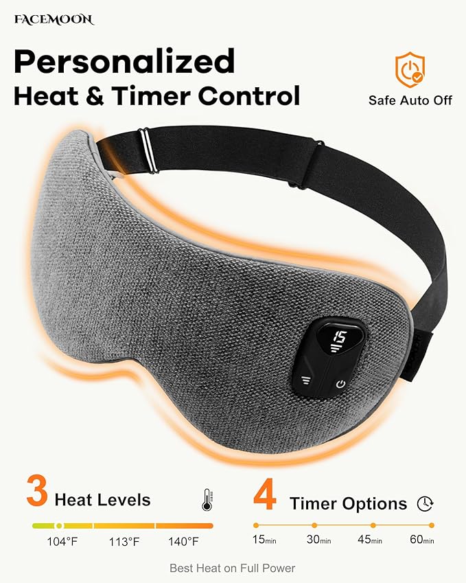 FACEMOON Heated Eye Mask for Dry Eyes: Electric Warm Compress for Blepharitis Stye Tired Eyes - Cordless Heat Relief Heating - Stable Temp 1500 Mah Rechargeable Washable Gray