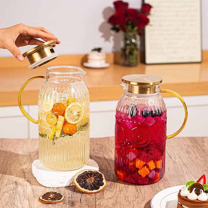 Amzcku Glass Pitcher with Lid, 68 oz/ 2 Liter 2Pack Vintage Water Pitcher,Glass Water Carafe for Cold Brew, Coffee, Lemonade, Iced Tea,Beverage, Heat Resistant Jug