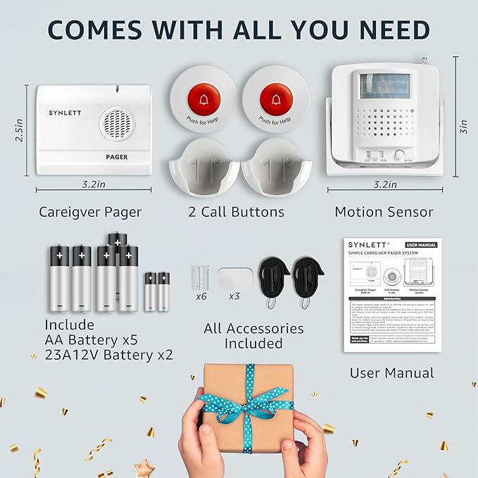 Caregiver Pager Wireless Call Buttons Motion Sensor Alarm Indoor for Elderly Monitoring Fall Prevention Bed Alarm Alert System Portable Nurse Call for Seniors Dementia Patients Emergency