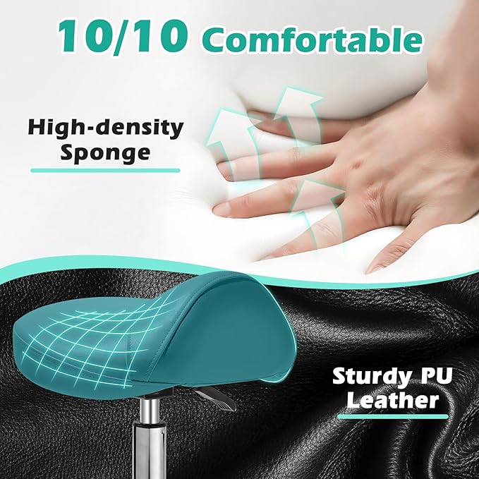 Saddle Stool with wheels Ergonomic - Heavy Duty 400lbs, Upgraded Thick Saddle Cushion, Healthy Posture Correction, Swivel Adjustable Rolling Saddle Stool, Saddle Chair for Salon Massage Home (Green)