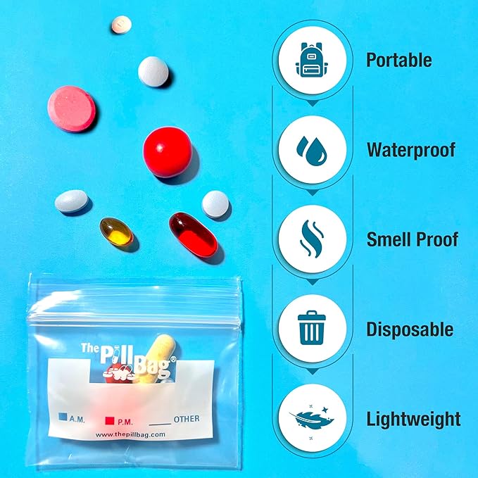 | Medicine Pill Organizer with Labels for AM/PM | Resealable Disposable Pill Pouches for Medicine, Vitamins, Gummies | Plastic Pill Bags for Travel | Standard Size | 100 Count
