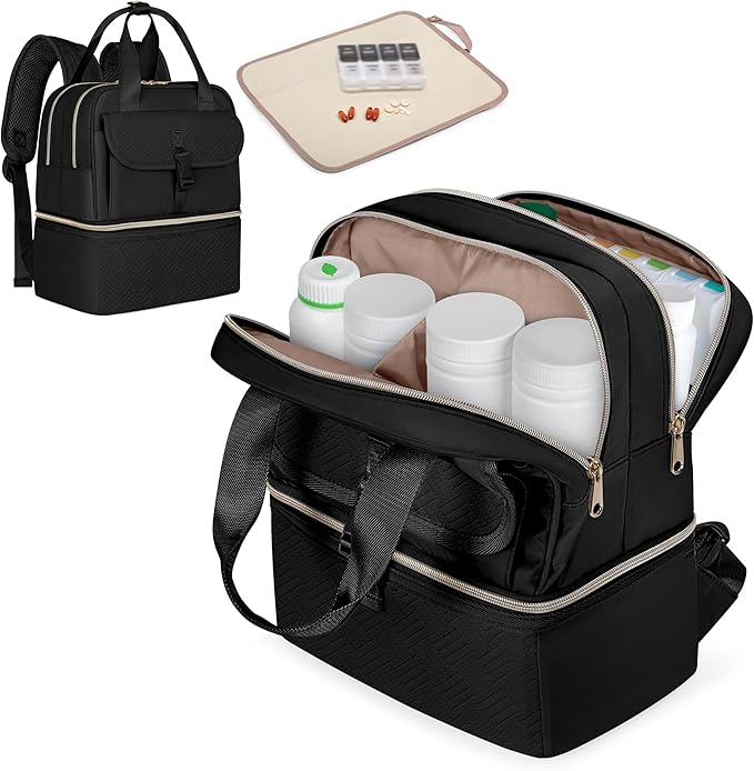 Fasrom Medicine Travel Bag Backpack with Insulated Compartment & Waterproof Mat, Double Layer Pill Bottle Organizer for Prescription, Vitamins and Medical Supplies, Black (Empty Bag Only)