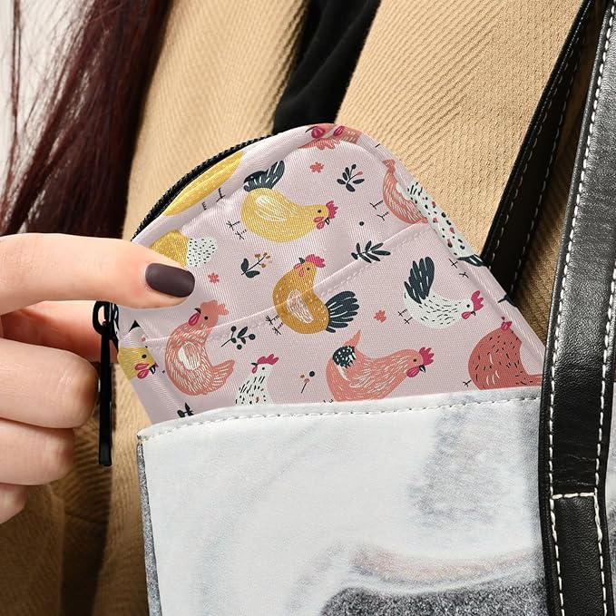 Fustylead Cute Cartoon Hens and Roosters on Pink Background Travel Pill Case Bag with Zipper Weekly Pill Box 8 Compartments 7 Day Personal Pill Case Purse Medicine Case Organizer