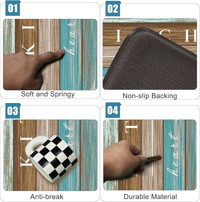 Sofort Kitchen Rugs Farmhouse Cushioned Anti Fatigue Kitchen Mats 2 Piece Set Non Slip Waterproof for Floor, Rustic Wooden Comfort Standing Mats for Kitchen, Office, Sink, Laundry