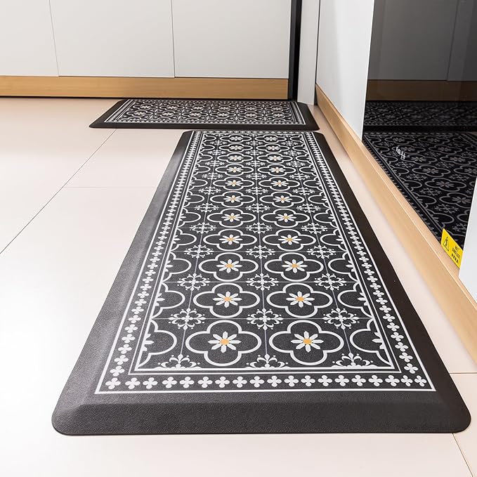 Kitchen Mat, [2 PCS] Kitchen Rugs, Cushioned Anti-Fatigue Non-Skid Waterproof Rugs, Ergonomic Comfort Standing Mat for Kitchen, Floor, Sink, Laundry, (Black)