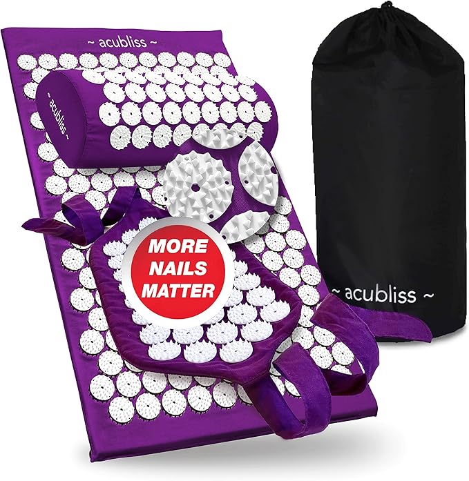 Premium Acupressure Mat, Strap & Pillow 3 Piece Gift Set, 12,348 Acupuncture Pressure Points for Back Pain Relief, Increased Energy, Relaxation, Drawstring Bag, Purple
