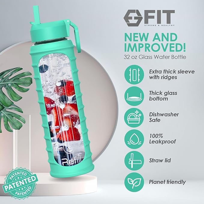 FIT Strong & Healthy 32 oz Glass Water Bottle with Straw Lid - Wide Mouth Borosilicate Glass Water Bottles with Time Marker, Silicone Sleeve & Extra Lid - 1L Large Motivational Drinking Bottle