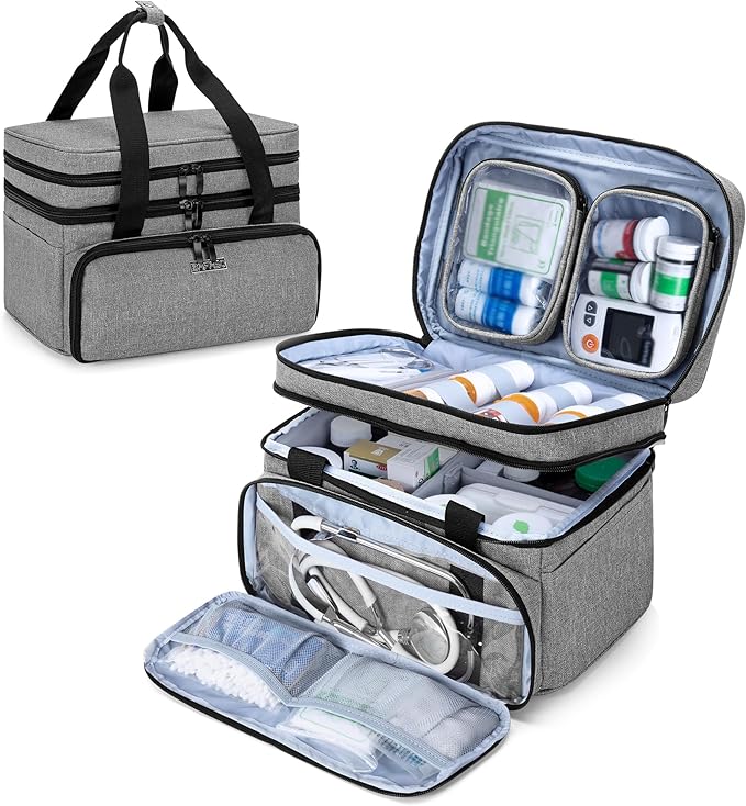 BAFASO Double Layer Medicine Bag with 2 Detachable Pouches, Pill Bottle Organizer for Travel and Daily Use (Bag ONLY), Gray