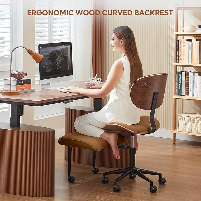 Bestier Meditation Chair with Wider Bentwood Back Support, Ergonomic Cross Legged Office Chair for Adults up to 300 lbs, 360° Swivel Adjustable Height for Multi Position (Contemporary Bentwood, Brown)