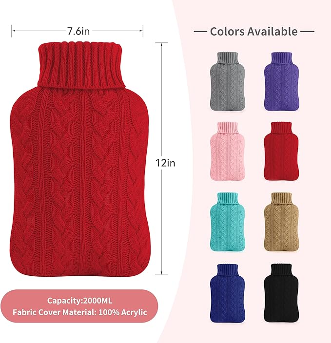 samply Hot Water Bottle with Knitted Cover, 2L Hot Water Bag for Hot and Cold Compress, Hand Feet Warmer, Ideal for Menstrual Cramps, Neck and Shoulder Pain Relief,Red